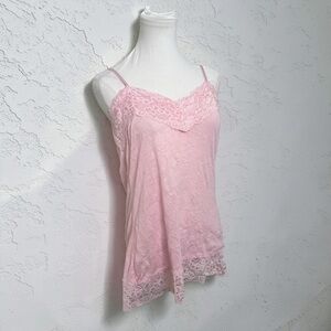 Vintage Pink Lace Trim Cami Y2K Coquette Fairycore Slip Tank Top L